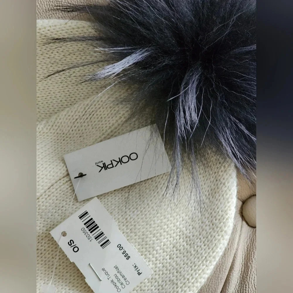 ⚡HOST PICK⚡ Ookpik Knitted Hat Beanie Raccoon Removable Pompom Winter Ivory one